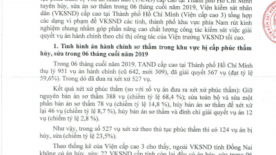 THÔNG BÁO RÚT KINH NGHIỆM: CÁC VỤ ÁN HÀNH CHÍNH SƠ THẨM BỊ CẤP PHÚC THẨM HỦY, SỬA TRONG 06 THÁNG CUỐI NĂM 2019
