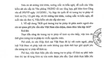 CÔNG VĂN SỐ 267/VKSTC-V13 TRẢ LỜI KHÓ KHĂN, VƯỚNG MẮC TRONG CÔNG TÁC HỢP TÁC QUỐC TẾ VÀ TƯƠNG TRỢ TƯ PHÁP VỀ HÌNH CỦA VKSTC