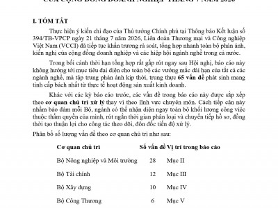 BÁO CÁO TỔNG HỢP CÁC KHÓ KHĂN, VƯỚNG MẮC VÀ KIẾN NGHỊ CỦA CỘNG ĐỒNG DOANH NGHIỆP THÁNG 7 NĂM 2026
